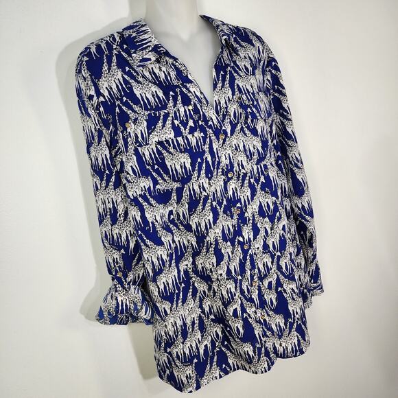 Charter Club Shirt Womens Large Giraffe Safari Print Button Blue Long Tab Sleeve - Picture 4 of 11
